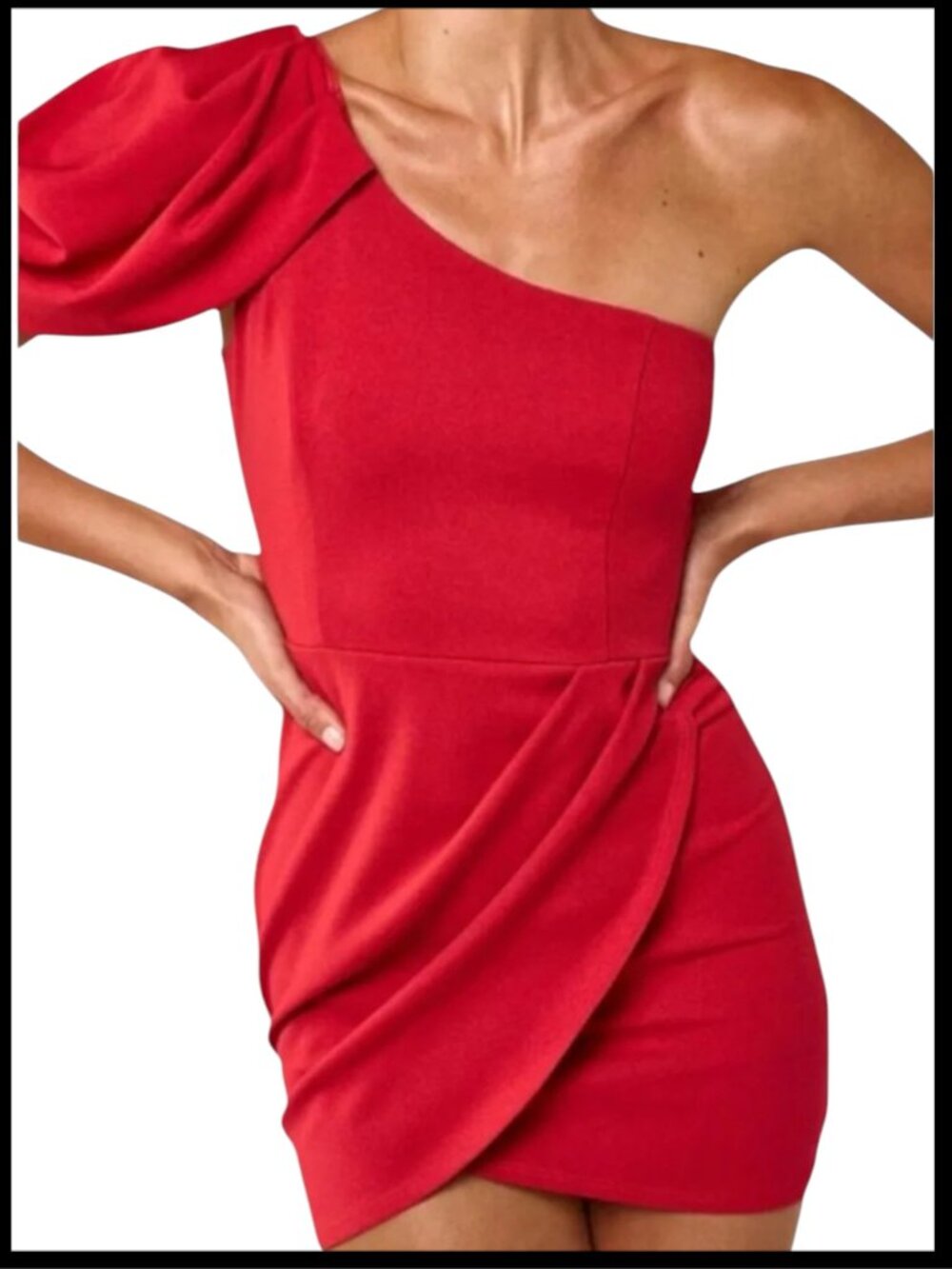 DO+BE Mini Dress Red One-Shoulder Puff Sleeve S